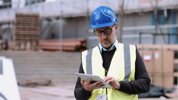 A construction engineer wearing a reflective vest and blue helmet uses a tablet at a building site, representing standardized estimating templates