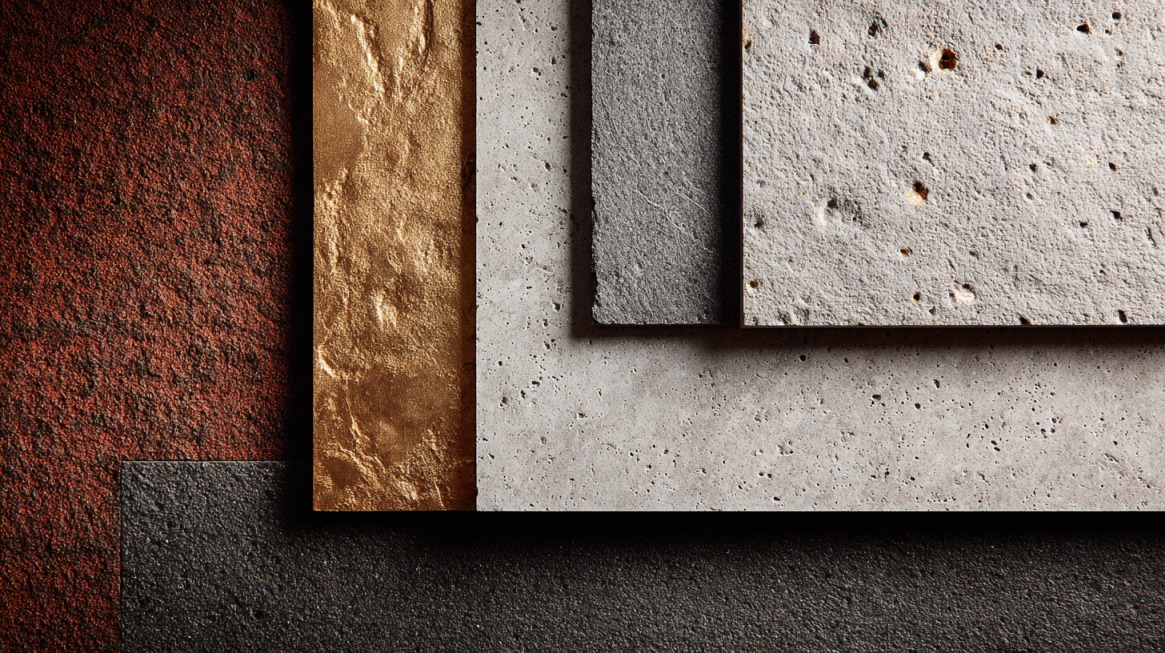 Various textured photography backdrops including metallic, stone, and rough surfaces arranged in layers