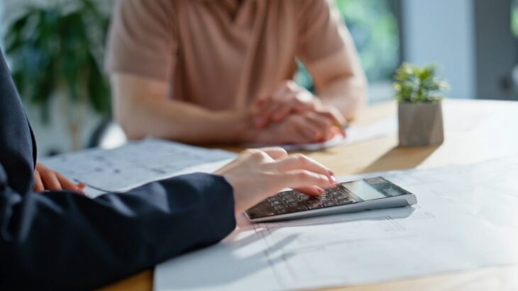 Business people negotiating payment terms at a desk, one person using a calculator while discussing financial agreements and contract details