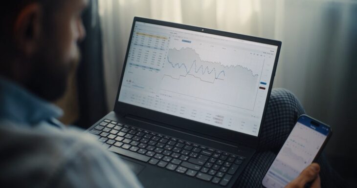 Business professional analyzing financial data and cash flow charts on a laptop and smartphone, representing digital forecasting and financial tracking