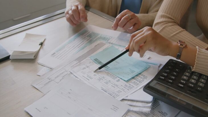 Two people reviewing and calculating business invoices with documents, pen, and calculator on a desk, representing financial management and billing accuracy