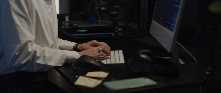 Professional working at a desktop computer with headphones and notes beside the keyboard, concentrating on digital editing and development