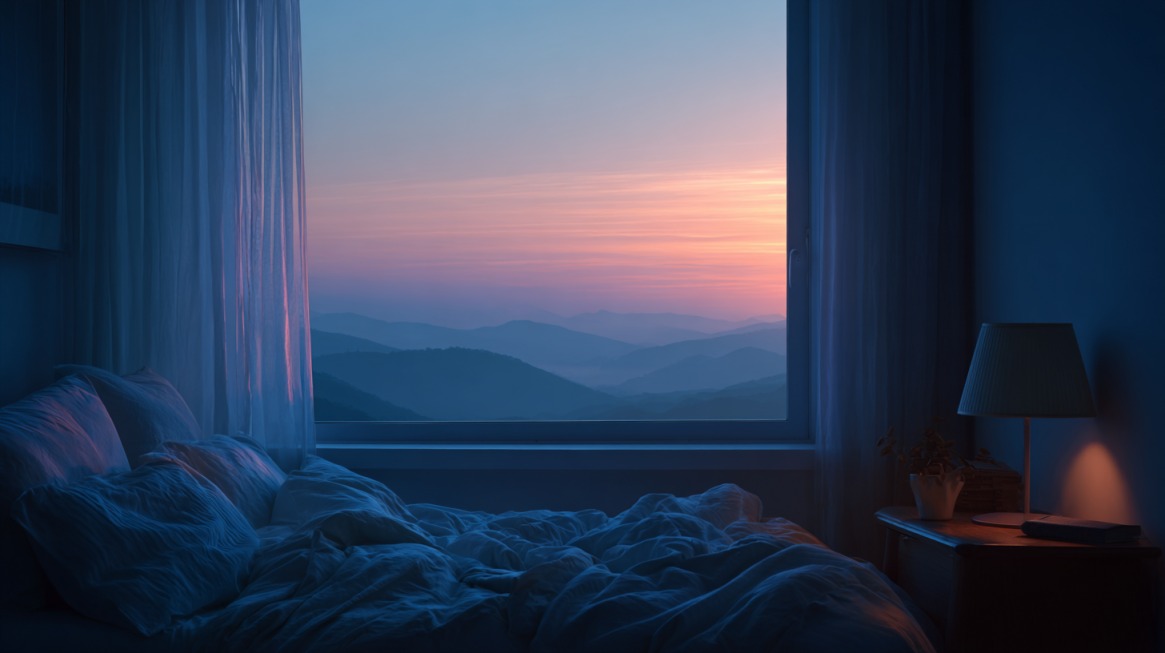 A cozy bedroom at dusk with soft blue lighting and a window view of layered mountains under a colorful sunset