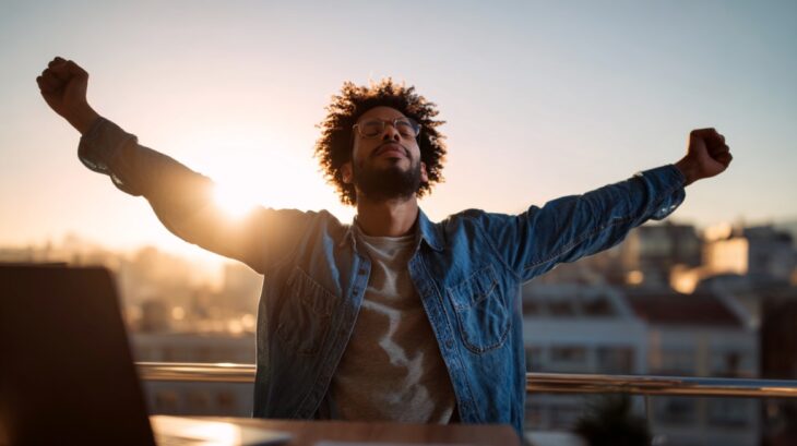 Person standing outdoors at sunrise with arms stretched wide, eyes closed, enjoying the warm morning light