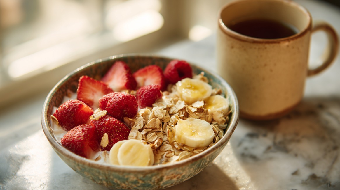 A bowl of yogurt topped with strawberries, banana slices and oats beside a cup of tea