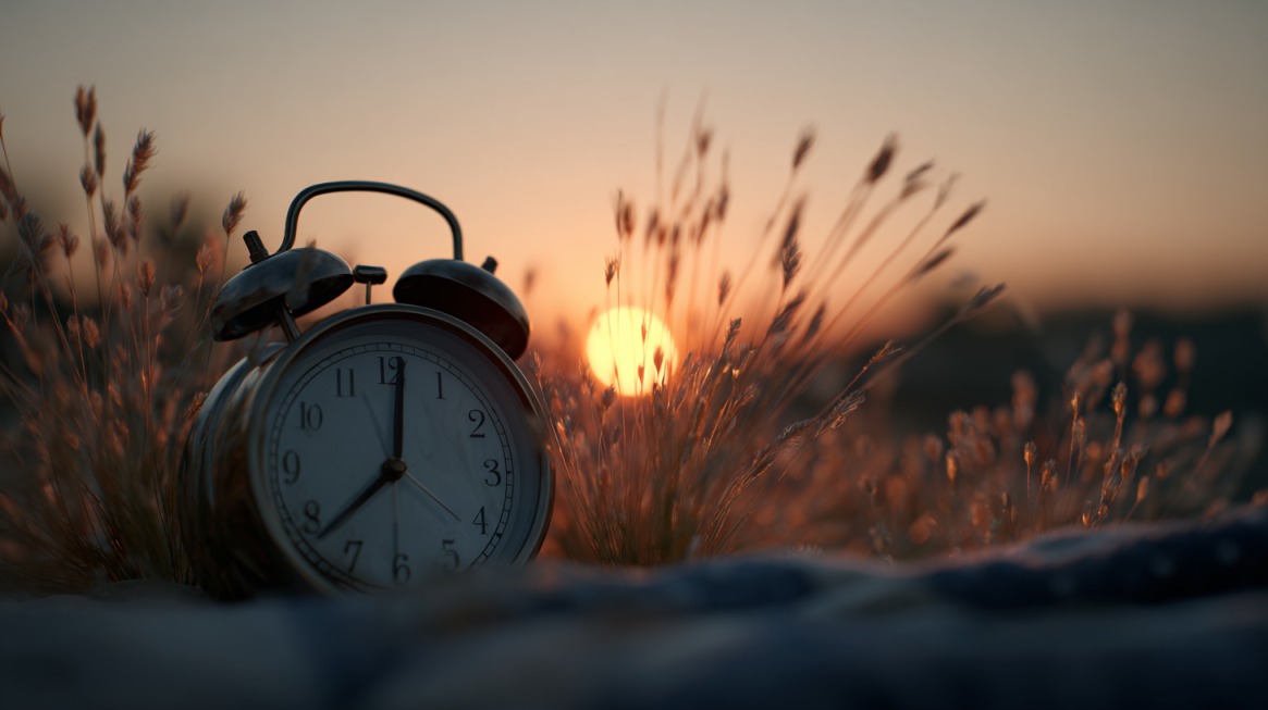 Alarm clock in a field at sunrise