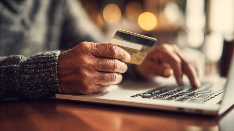 Close-up of a person holding a credit card while typing on a laptop keyboard