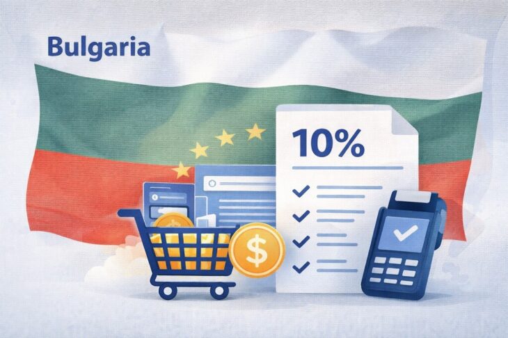 Bulgaria’s flag with a shopping cart, POS terminal, and tax document showing a 10% rate, representing its low corporate tax environment within the European Union