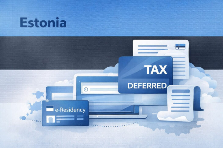 Illustration of Estonia’s flag with laptops, digital documents, and an e-Residency card symbolizing the country’s digital business ecosystem and deferred corporate tax model