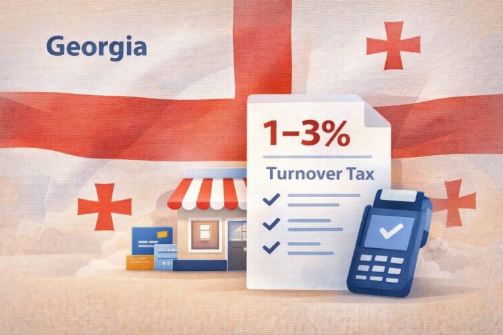 Georgia’s flag with a small storefront, payment terminal, and tax document displaying a 1–3% turnover tax, symbolizing its simple and business-friendly tax environment