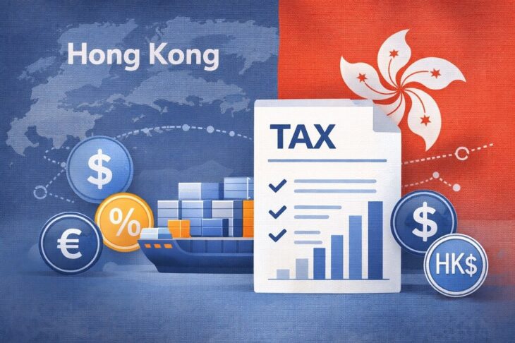 Hong Kong flag with a cargo ship, multiple currency icons, and a tax document symbolizing international trade, low tax rates, and financial strength