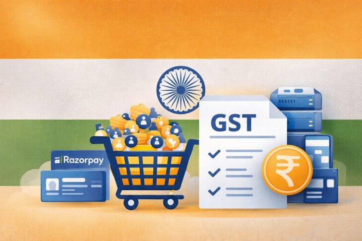India’s flag in the background with a shopping cart, GST document, Razorpay payment tools, and the rupee symbol representing the country’s fast-growing ecommerce and tax framework