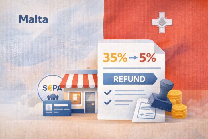 Malta’s flag with a tax document showing a reduction from 35% to approximately 5%, alongside refund symbols and SEPA elements representing its corporate tax refund structure