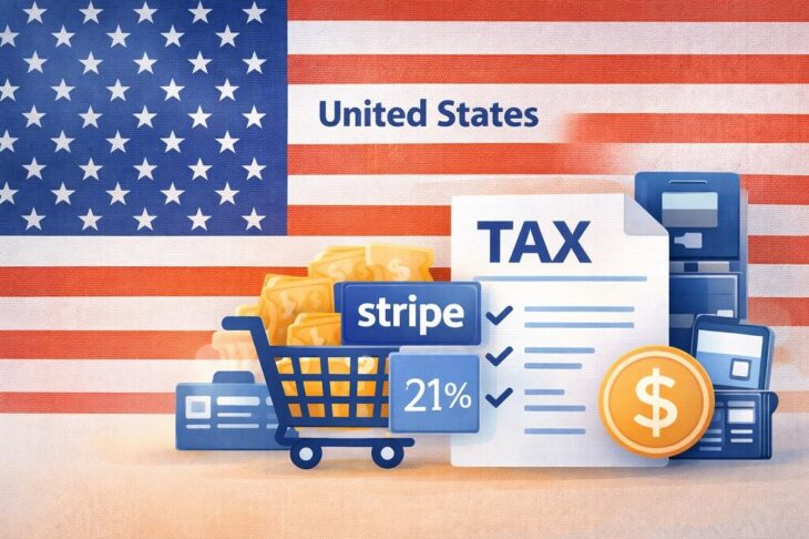 Illustration of the U.S. flag with a shopping cart, tax form, Stripe and PayPal elements, and dollar symbols highlighting ecommerce and taxation in the United States