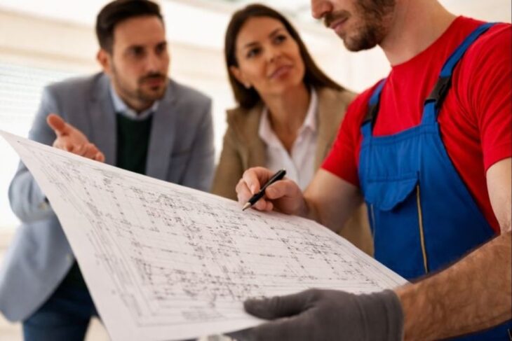 Contractor reviewing renovation plans with homeowners during a project discussion