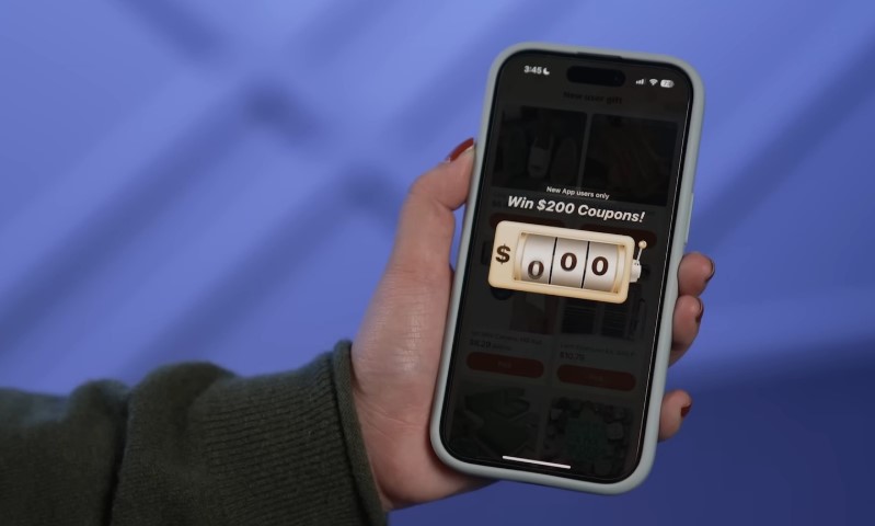 A hand holding a smartphone displaying a contest entry screen with text "Win $200 Coupons!"