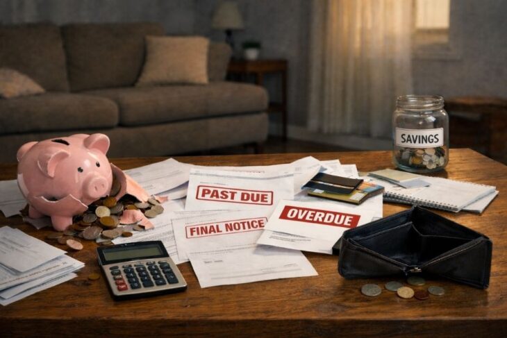 Overdue bills, scattered coins, calculator, and empty wallet symbolizing financial strain