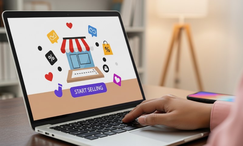 A person uses a laptop displaying an online store graphic with icons like a shopping bag, heart, and sale tags