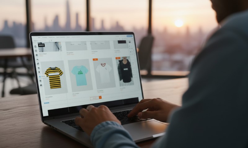 A person browses an online clothing store on a laptop, featuring various t-shirts