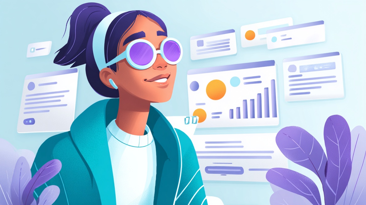 Illustration of a person wearing smart glasses surrounded by data dashboards and analytics visuals representing AI-driven personalization