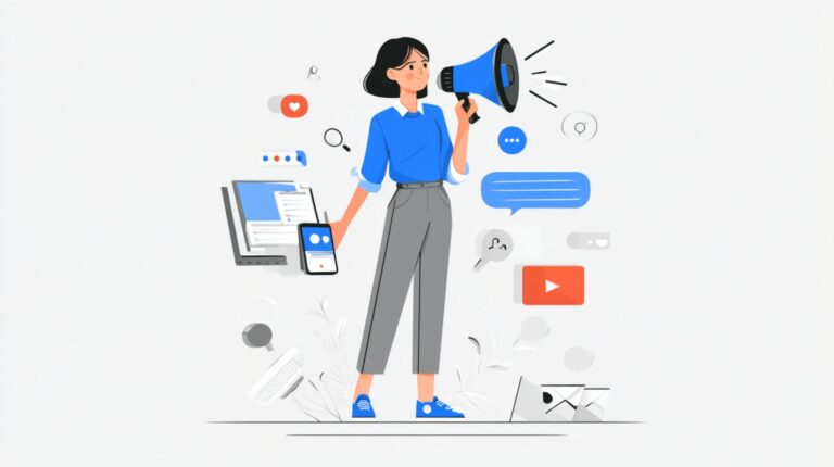 Illustration of a woman holding a megaphone surrounded by social media and digital marketing icons