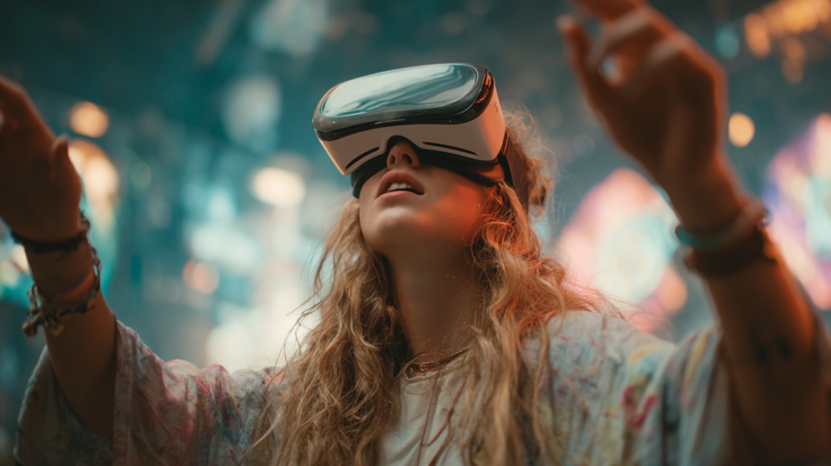 Person wearing a virtual reality headset interacting with an immersive digital environment