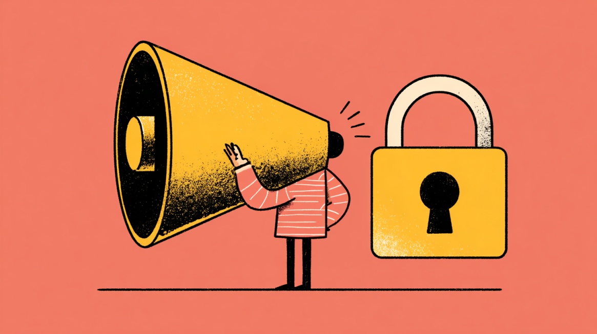 Illustration of a person speaking through a megaphone next to a lock symbol representing privacy and secure communication