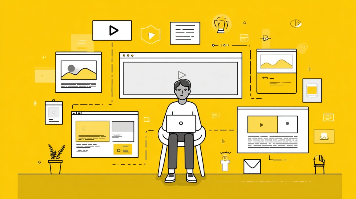 Illustration of a person using a laptop surrounded by various digital content formats like videos, posts, and interactive media