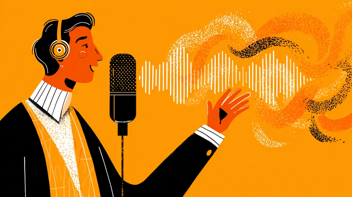 Illustration of a person speaking into a microphone with sound waves representing voice and conversational marketing