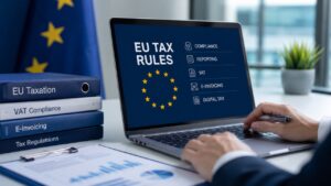 Business professional reviews EU tax rules and VAT compliance on a laptop