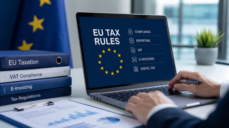 Business professional reviews EU tax rules and VAT compliance on a laptop