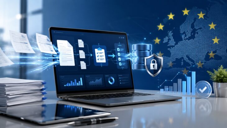 Laptop displays secure digital tax records beside EU symbols