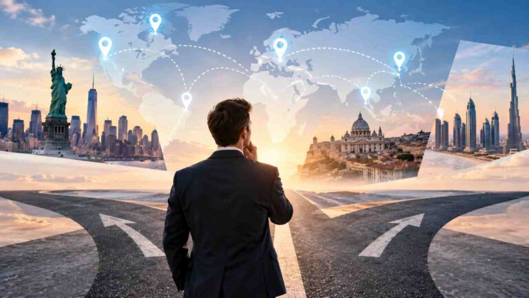 Businessman considering options for opening a company abroad.