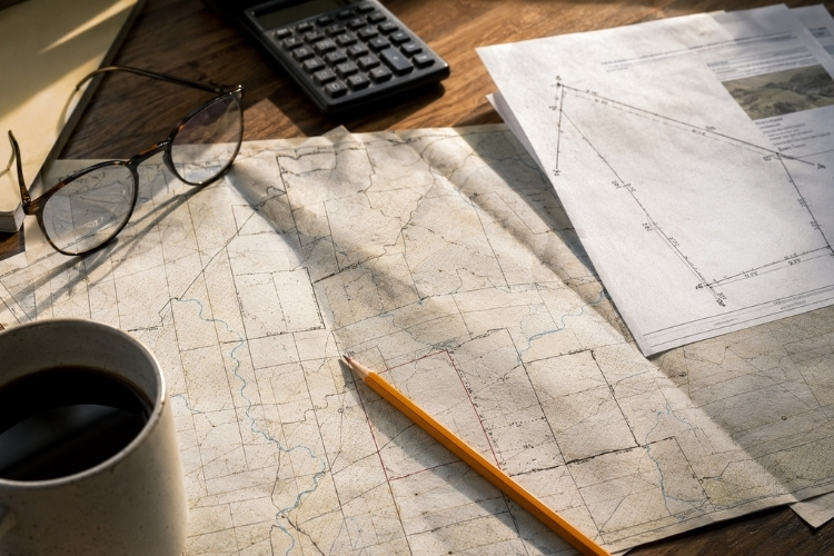 Rural land purchase documents on a desk, including a county plat map, survey drawing, and property tax notice.