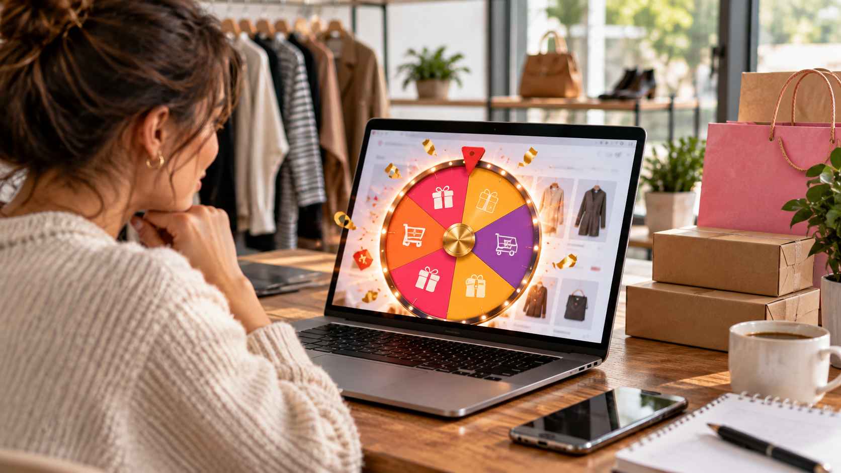 Woman viewing a spin-to-win popup on a laptop