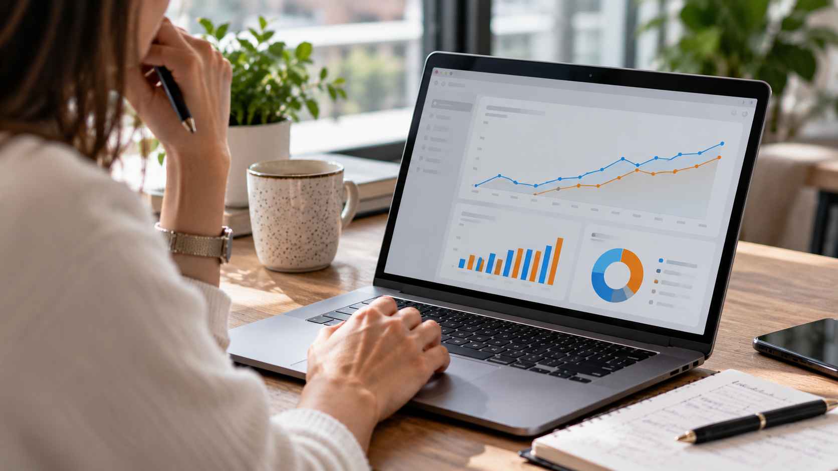 Woman reviewing revenue analytics on a laptop