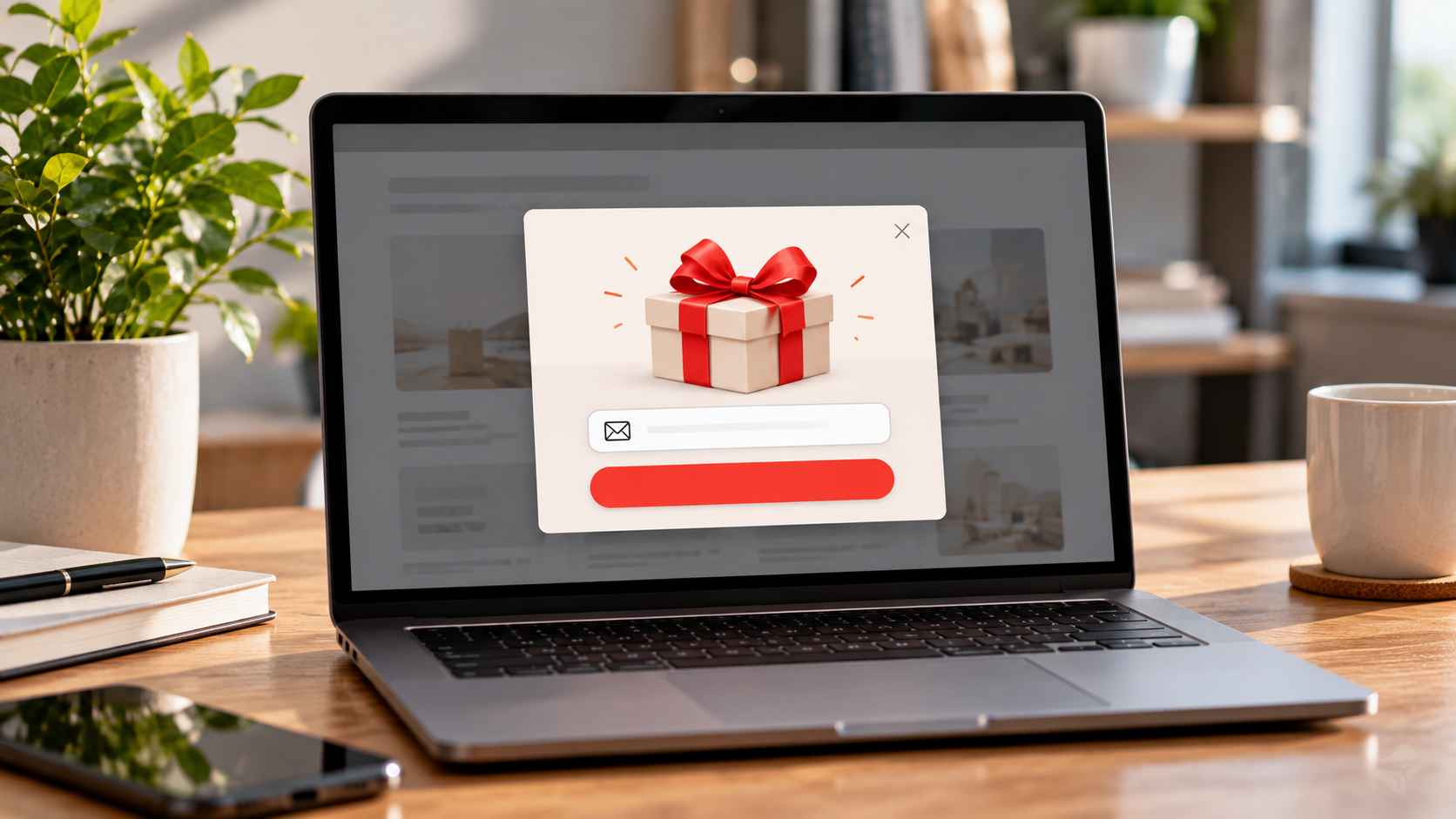 Email signup popup displayed on a laptop screen