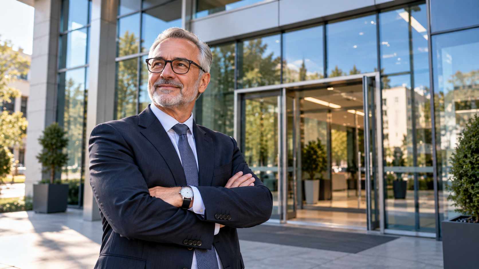 Senior businessman standing outside his company headquarters.