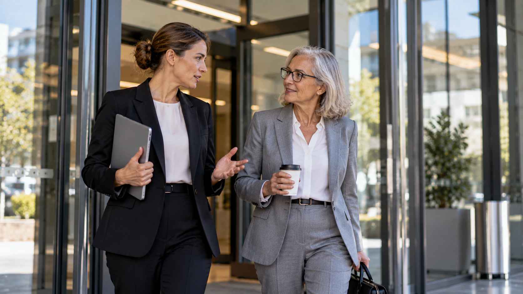 Two businesswomen talking outside a modern company office.