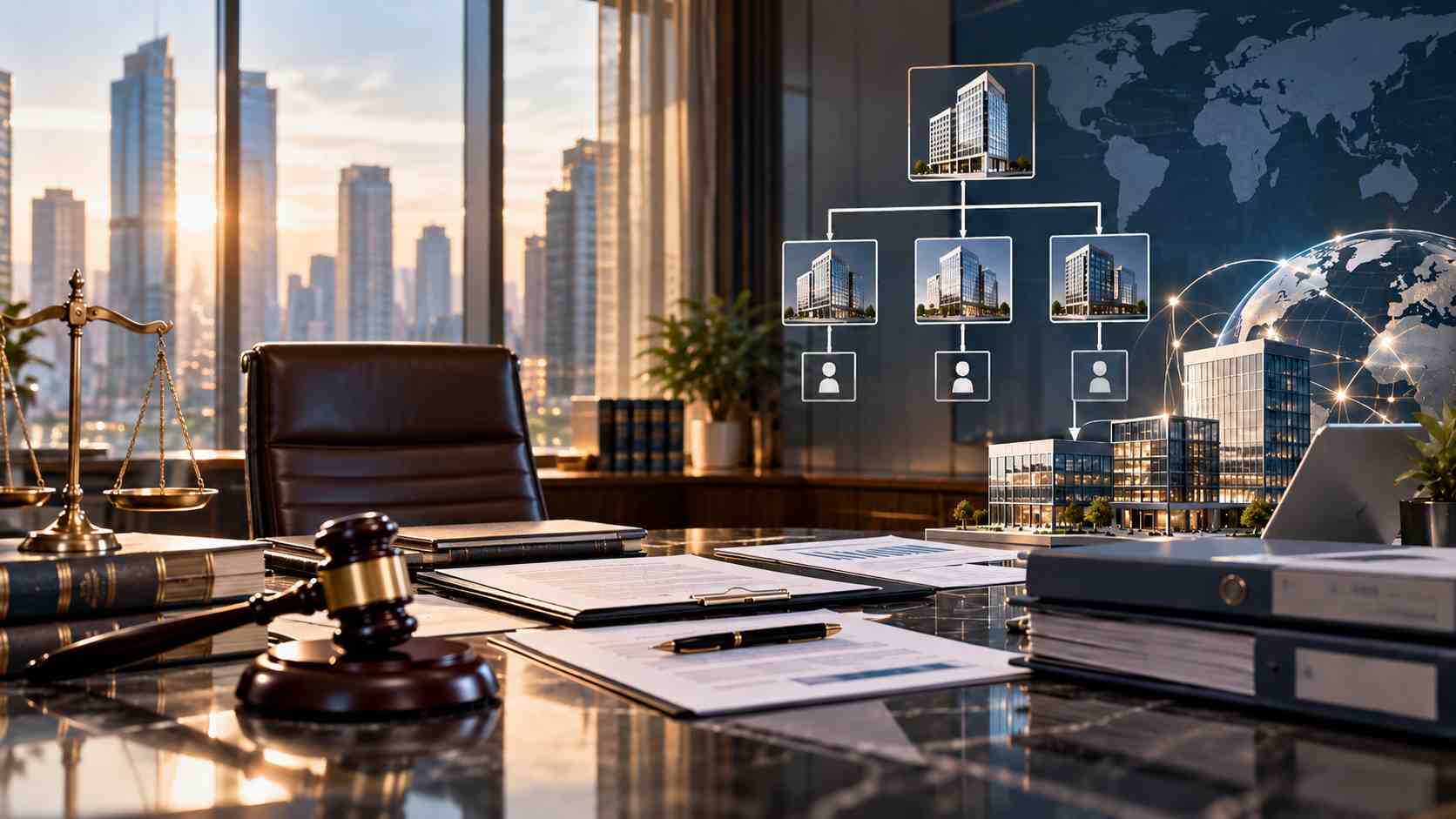 Legal documents on a corporate office desk with company structure charts in the background.