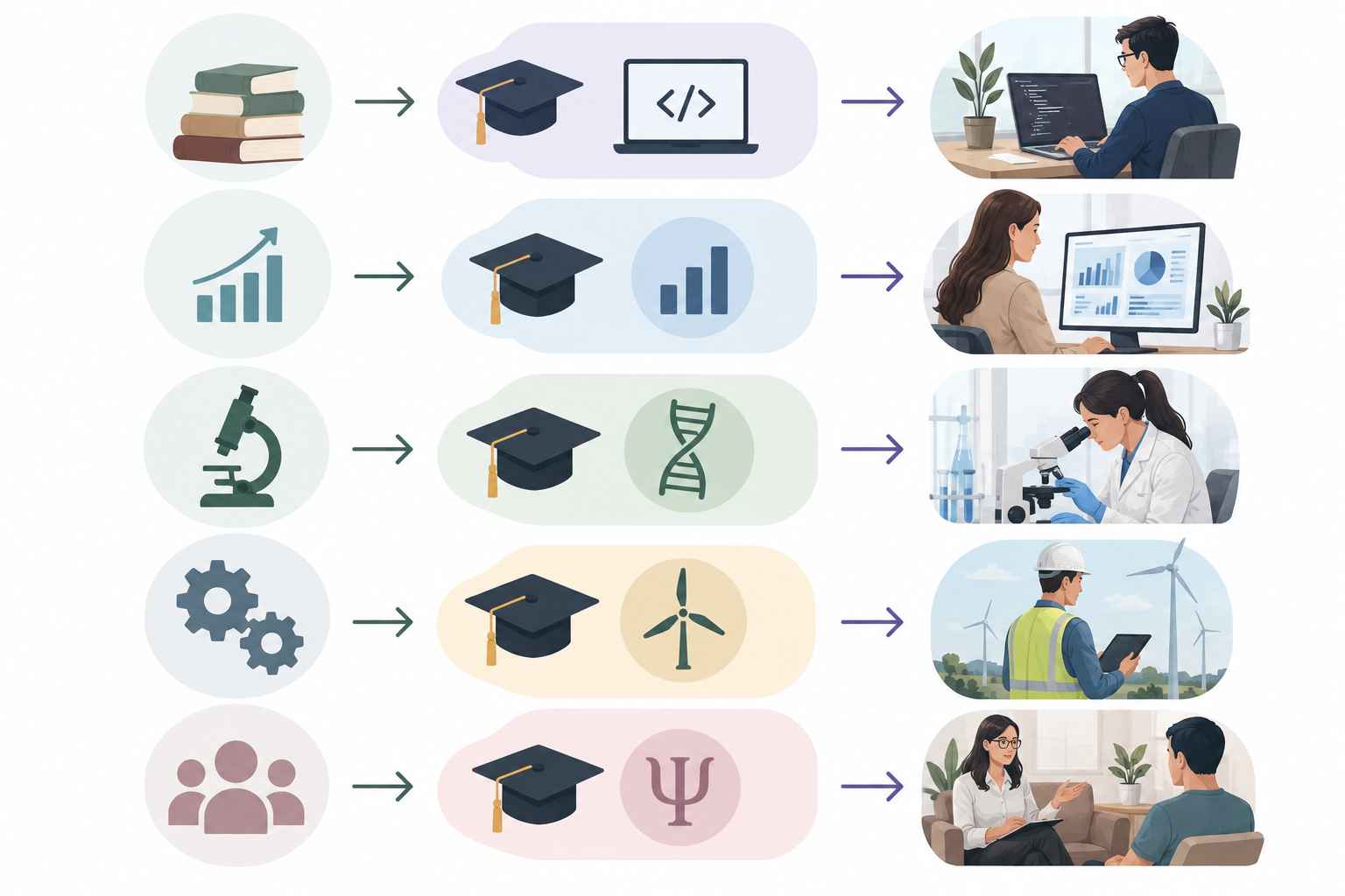 Infographic showing five postgraduate career pathways in technology, data analytics, biology, renewable energy, and psychology.