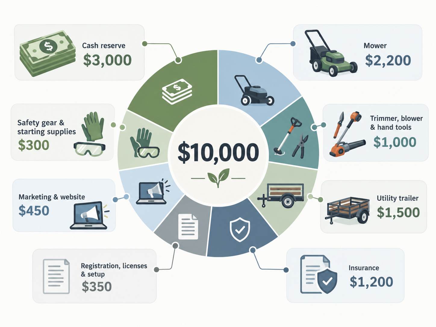 Infographic showing how to allocate $10,000 across eight landscaping business startup expenses.