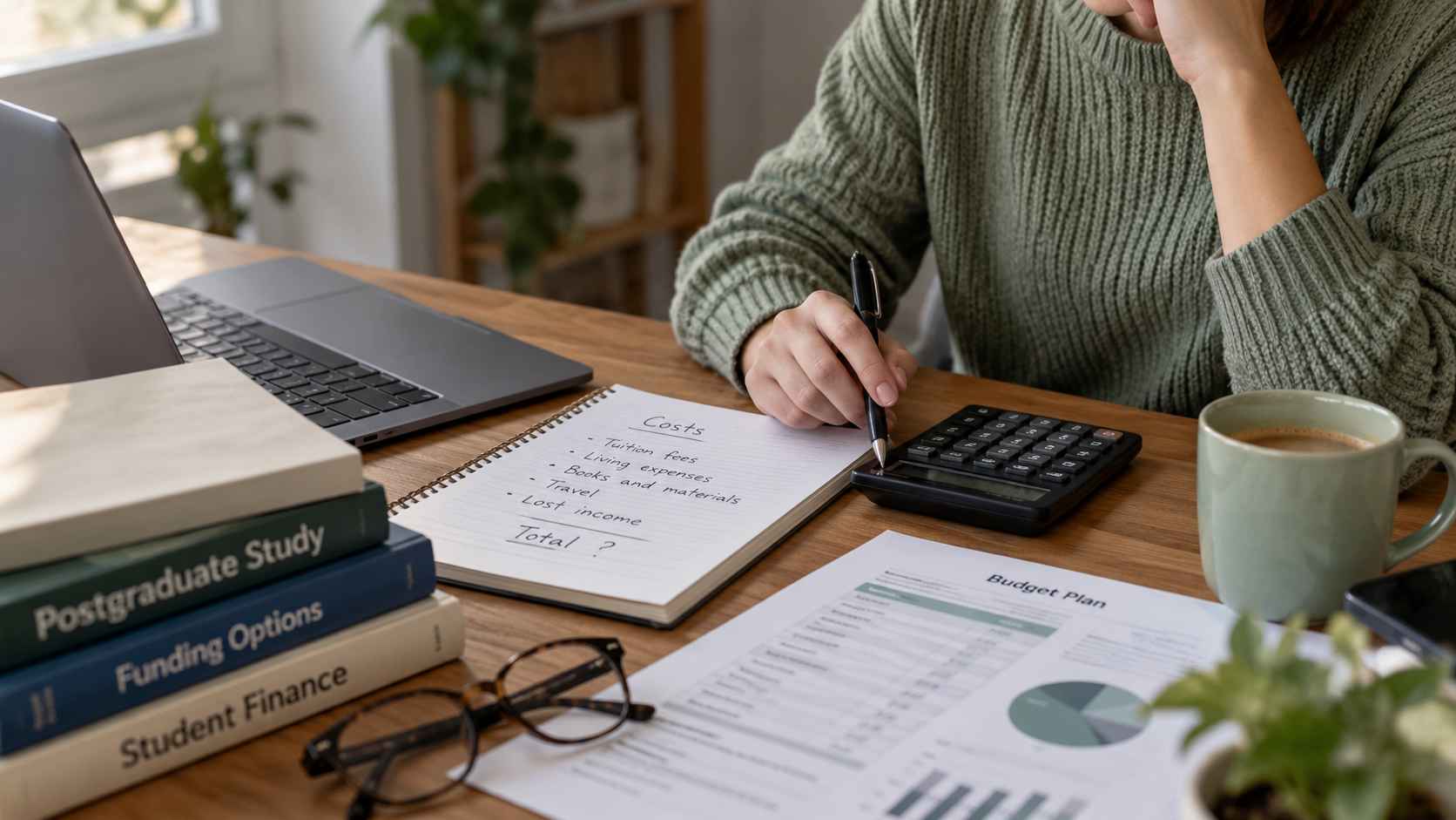 Person reviewing postgraduate study expenses with a calculator, laptop, budget documents, and financial planning notes.