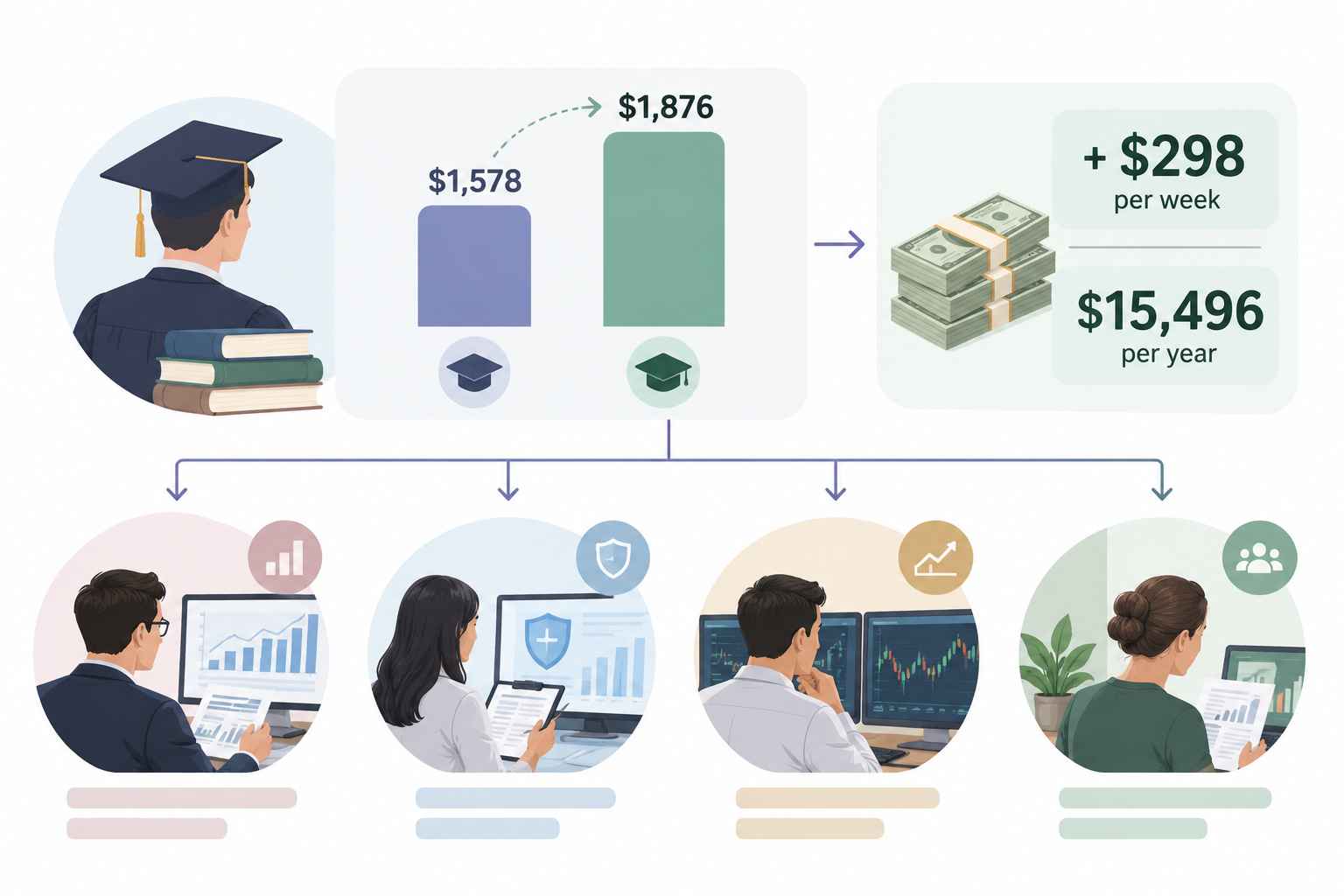 Infographic comparing median weekly earnings of bachelor's degree holders ($1,578) and master's degree holders ($1,876), with four finance career paths.