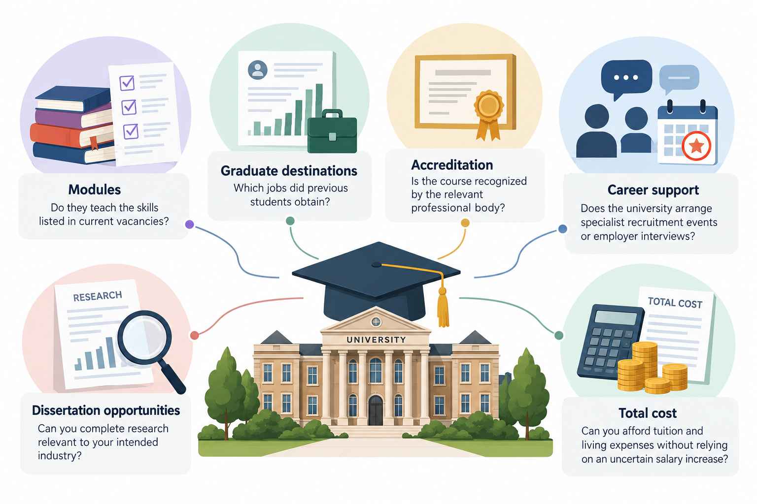Infographic showing six factors for choosing a university: modules, graduate destinations, accreditation, career support, dissertation opportunities, and cost.