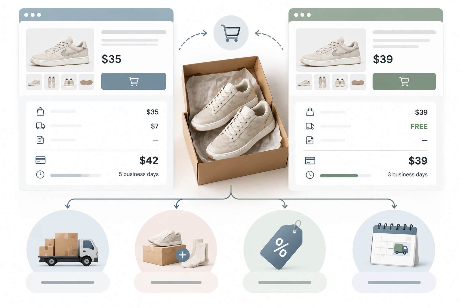 Infographic comparing two online stores, showing product prices, shipping costs, final totals, and delivery times.