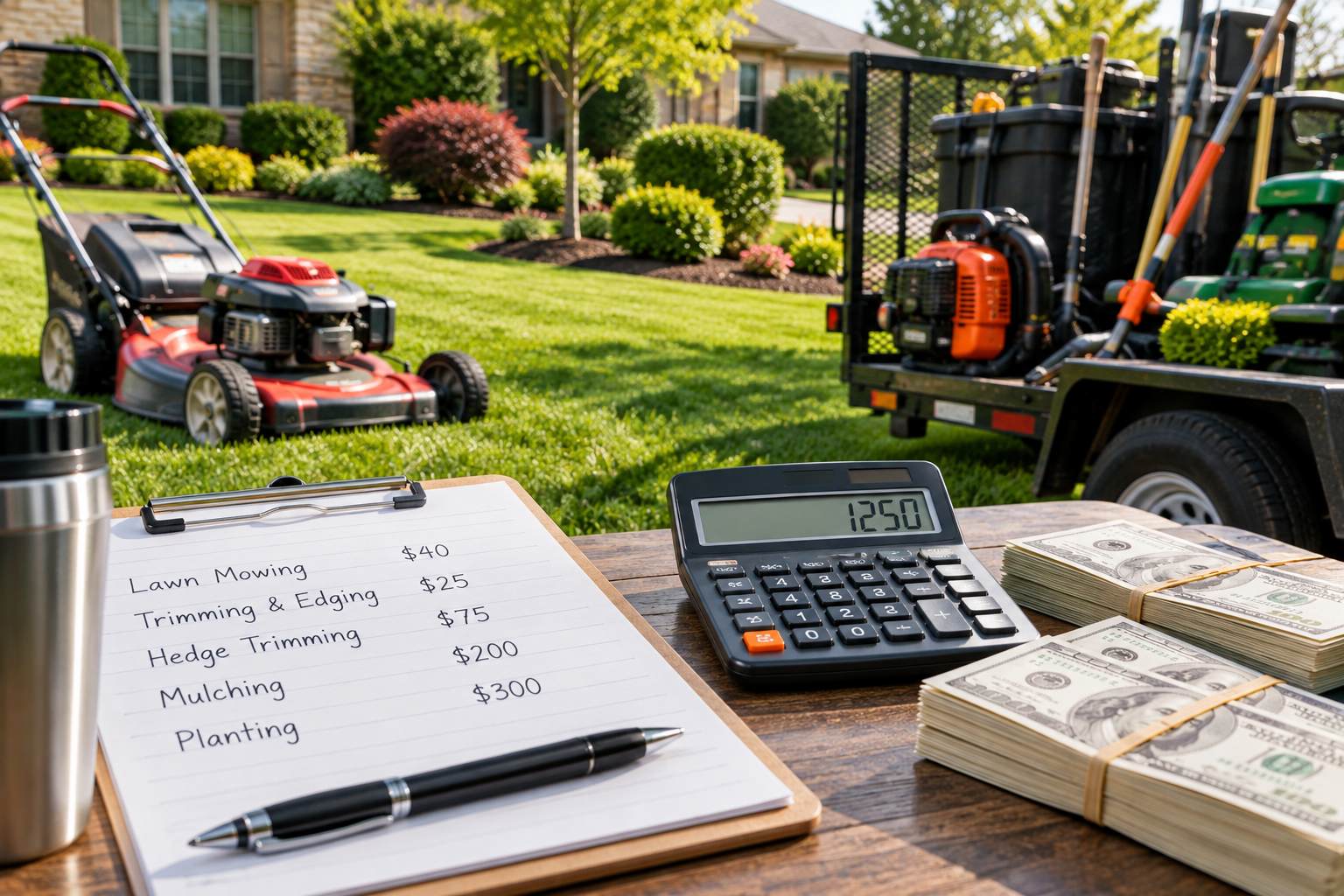 Landscaping business revenue planning with a calculator, cash, service price list and lawn mower.