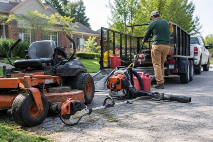 Landscaping worker loading equipment onto a utility trailer beside a pickup truck.