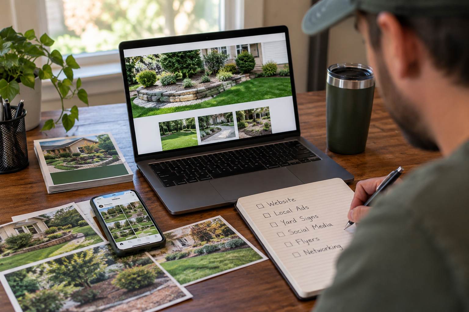 Landscaper reviewing marketing ideas on a laptop with a notebook and project photos.