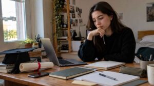 Young woman sitting at a desk with a laptop, graduation cap, diploma, and study materials.